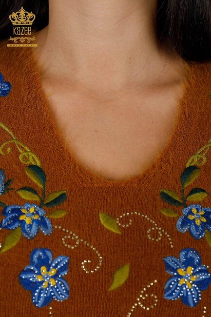 Women's Knitwear Sweater Floral Embroidered Mustard - 18917 | KAZEE - Thumbnail