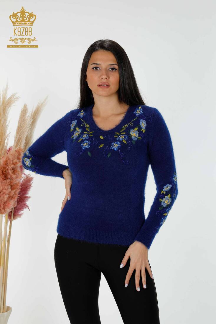 Women's Knitwear Sweater Flower Embroidered Saks - 18917 | KAZEE