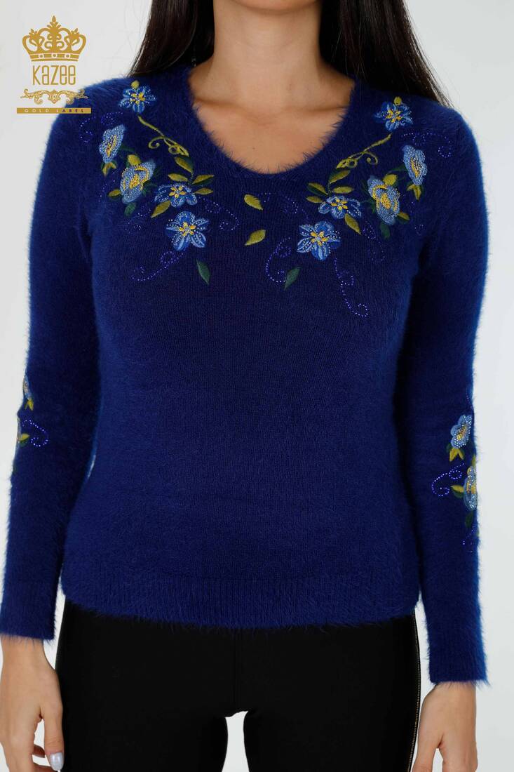 Women's Knitwear Sweater Flower Embroidered Saks - 18917 | KAZEE