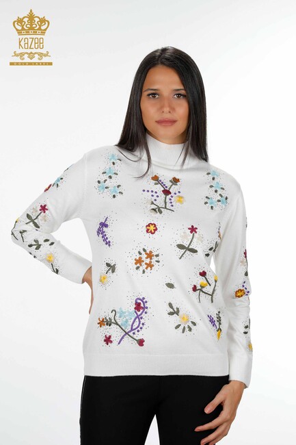 Women's Knitwear Sweater Floral Embroidered Stony Collar Ecru - 16445 | KAZEE - Thumbnail