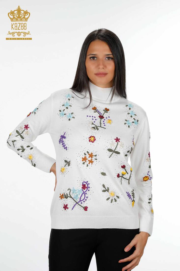 Women's Knitwear Sweater Floral Embroidered Stony Collar Ecru - 16445 | KAZEE