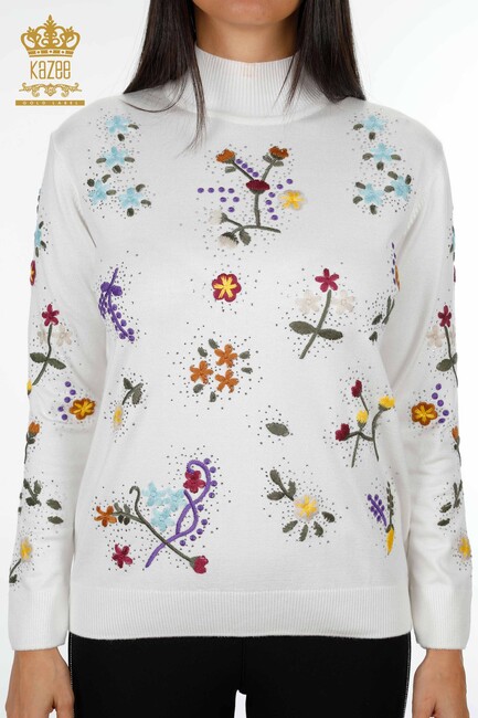 Women's Knitwear Sweater Floral Embroidered Stony Collar Ecru - 16445 | KAZEE - Thumbnail