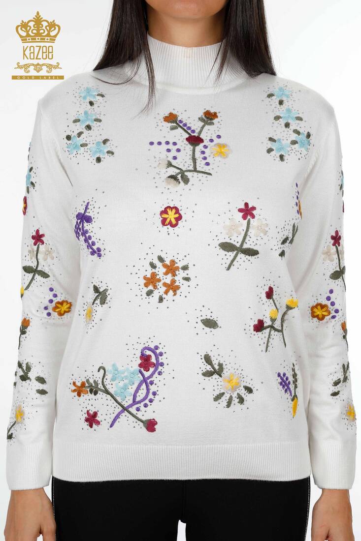 Women's Knitwear Sweater Floral Embroidered Stony Collar Ecru - 16445 | KAZEE