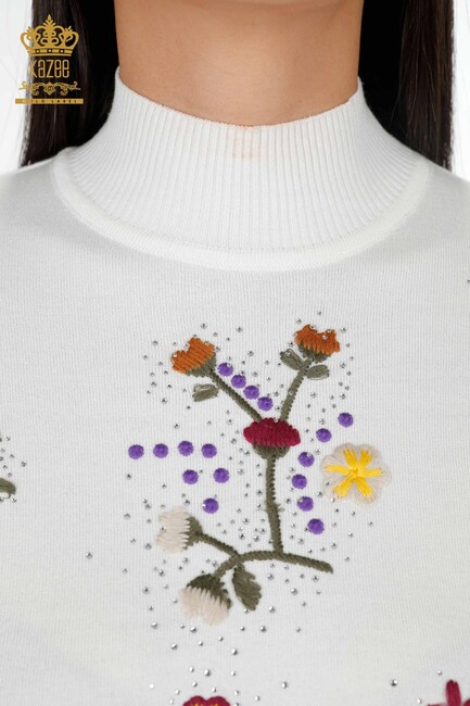 Women's Knitwear Sweater Floral Embroidered Stony Collar Ecru - 16445 | KAZEE - Thumbnail