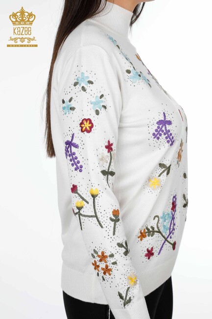 Women's Knitwear Sweater Floral Embroidered Stony Collar Ecru - 16445 | KAZEE - Thumbnail