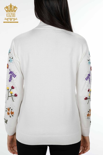 Women's Knitwear Sweater Floral Embroidered Stony Collar Ecru - 16445 | KAZEE - Thumbnail