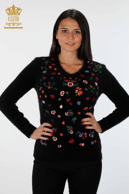 Women's Knitwear Sweater Floral Pattern Embroidered Viscose Black - 18517 | KAZEE - Thumbnail