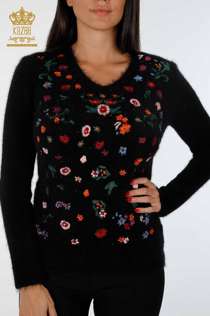 Women's Knitwear Sweater Floral Pattern Embroidered Viscose Black - 18517 | KAZEE - Thumbnail