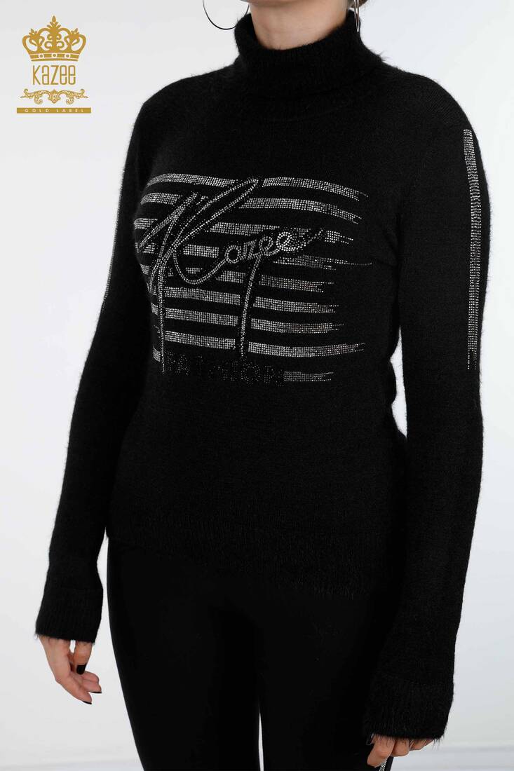 Women's Knitwear Sweater Kazee Text Detailed Stone Embroidered Black - 18900 | KAZEE