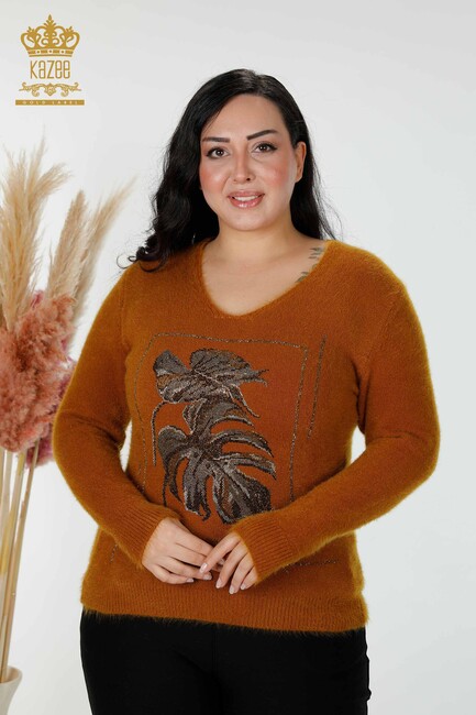 Women's Knitwear Sweater Leaf Patterned Mustard - 16995 | KAZEE - Thumbnail