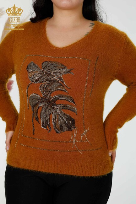 Women's Knitwear Sweater Leaf Patterned Mustard - 16995 | KAZEE - Thumbnail