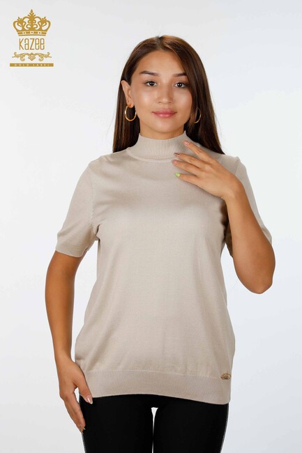 Women's Knitwear Sweater Short Sleeve Stand Collar Basic Viscose Beige - 16168 | KAZEE - Thumbnail