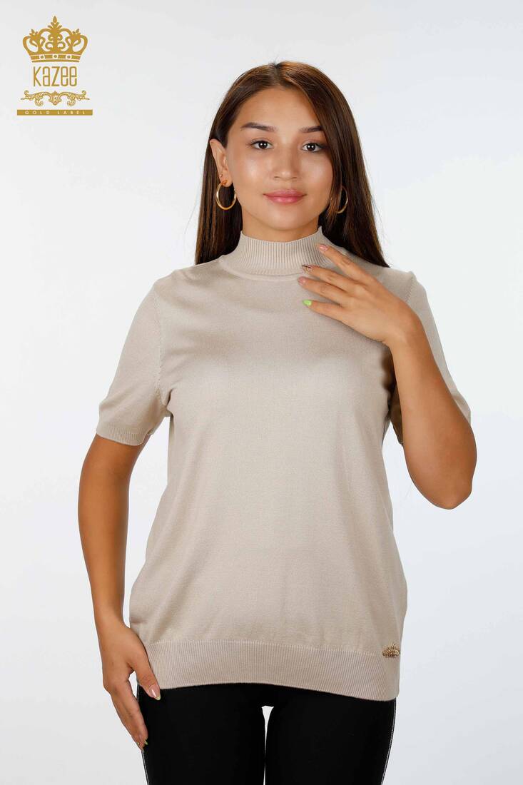 Women's Knitwear Sweater Short Sleeve Stand Collar Basic Viscose Beige - 16168 | KAZEE