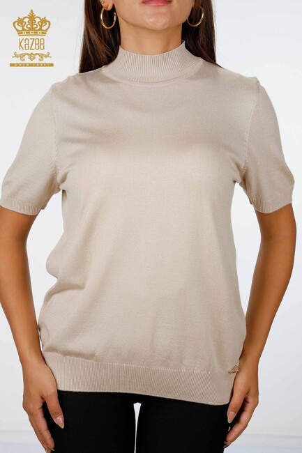 Women's Knitwear Sweater Short Sleeve Stand Collar Basic Viscose Beige - 16168 | KAZEE - Thumbnail