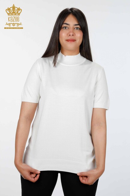 Women's Knitwear Sweater Short Sleeve Stand Collar Basic Viscose Ecru - 16168 | KAZEE - Thumbnail