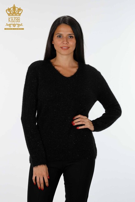 Women's Knitwear Sweater Glitter Transition V Neck Long Sleeve Black - 19081 | KAZEE - Thumbnail