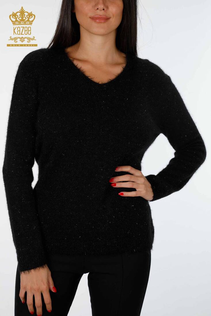 Women's Knitwear Sweater Glitter Transition V Neck Long Sleeve Black - 19081 | KAZEE