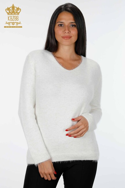 Women's Knitwear Sweater Glitter Transition V Neck Long Sleeve Ecru - 19081 | KAZEE - Thumbnail