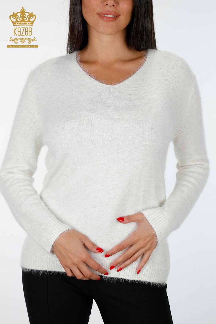 Women's Knitwear Sweater Glitter Transition V Neck Long Sleeve Ecru - 19081 | KAZEE