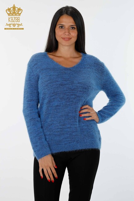 Women's Knitwear Sweater Glitter Transition V Neck Long Sleeve Indigo - 19081 | KAZEE - Thumbnail