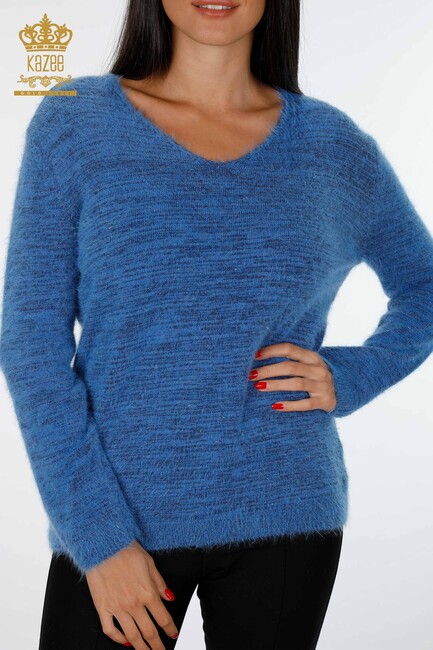 Women's Knitwear Sweater Glitter Transition V Neck Long Sleeve Indigo - 19081 | KAZEE - Thumbnail