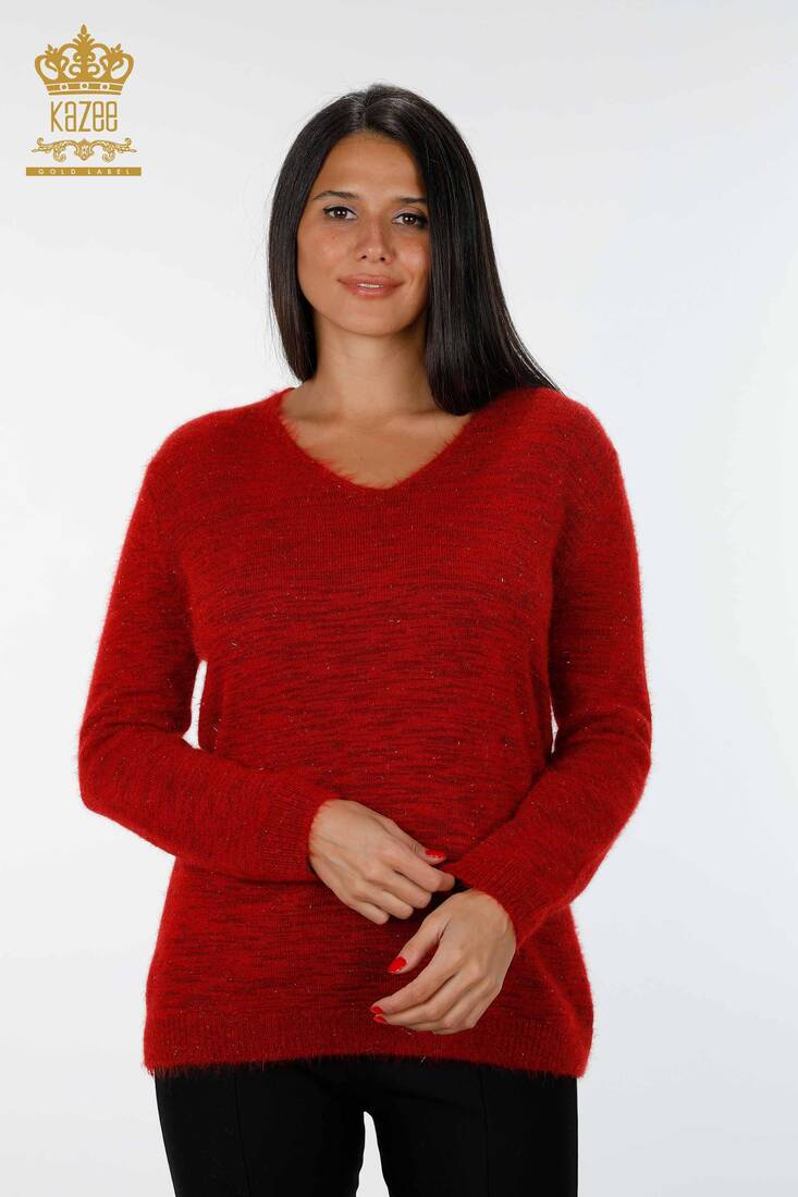 Women's Knitwear Sweater Glitter Toggle V Neck Long Sleeve Red - 19081 | KAZEE