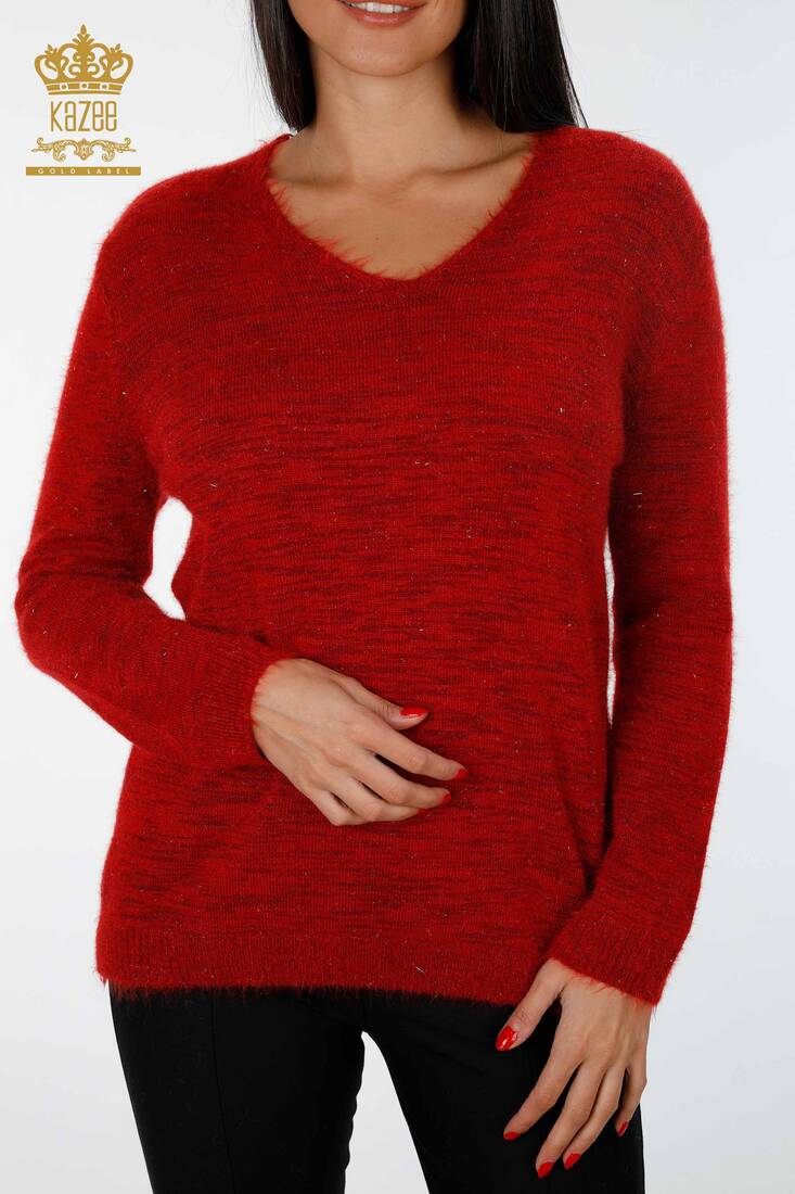 Women's Knitwear Sweater Glitter Toggle V Neck Long Sleeve Red - 19081 | KAZEE