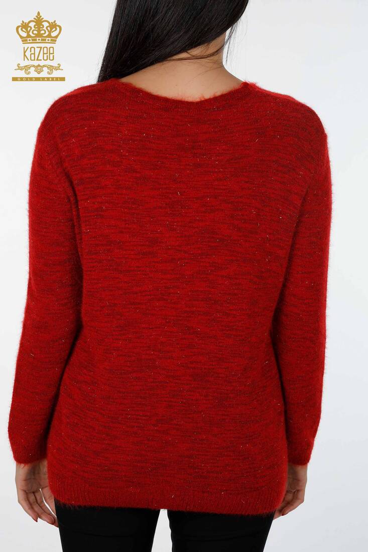 Women's Knitwear Sweater Glitter Toggle V Neck Long Sleeve Red - 19081 | KAZEE