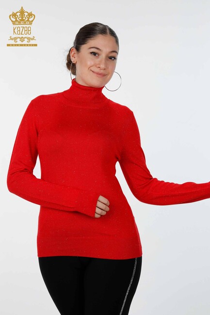 Womens Knitwear Sweater Glitter Transition Turtleneck Oversize Red - 15144 | KAZEE - Thumbnail