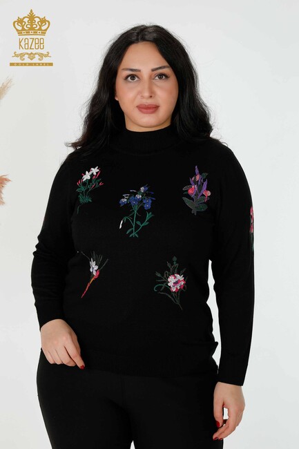 Women's Knitwear Sweater Stone Embroidered Black - 16852 | KAZEE - Thumbnail