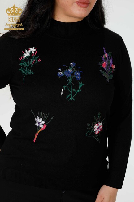 Women's Knitwear Sweater Stone Embroidered Black - 16852 | KAZEE - Thumbnail