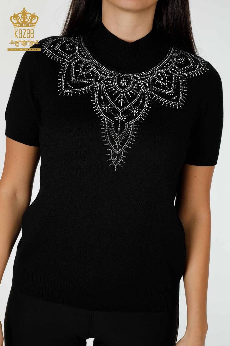 Women's Knitwear Sweater Stone Embroidered Black - 16932 | KAZEE