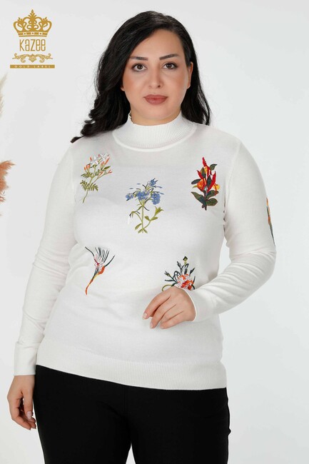 Women's Knitwear Sweater Stone Embroidered Ecru - 16852 | KAZEE - Thumbnail