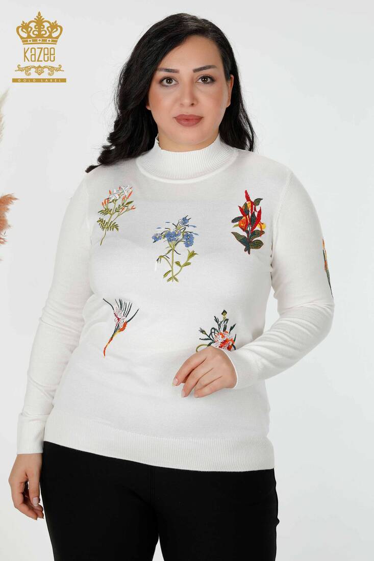 Women's Knitwear Sweater Stone Embroidered Ecru - 16852 | KAZEE