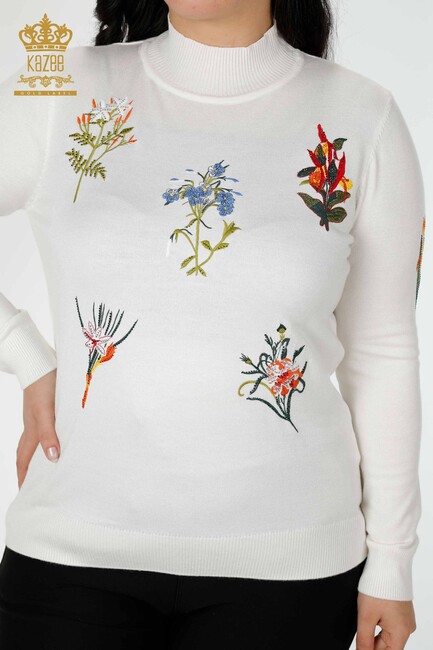 Women's Knitwear Sweater Stone Embroidered Ecru - 16852 | KAZEE - Thumbnail