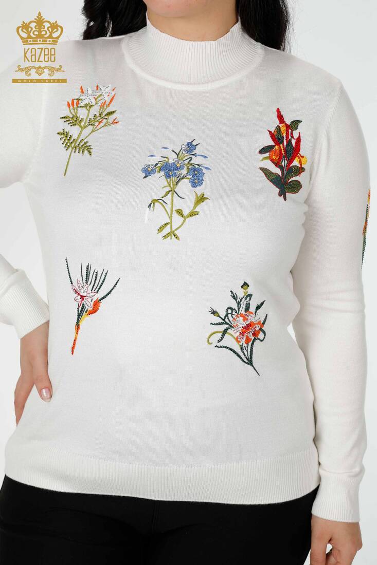 Women's Knitwear Sweater Stone Embroidered Ecru - 16852 | KAZEE