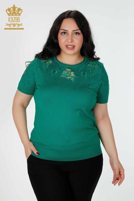 Women's Knitwear Sweater Stone Embroidered Green - 16845 | KAZEE - Thumbnail