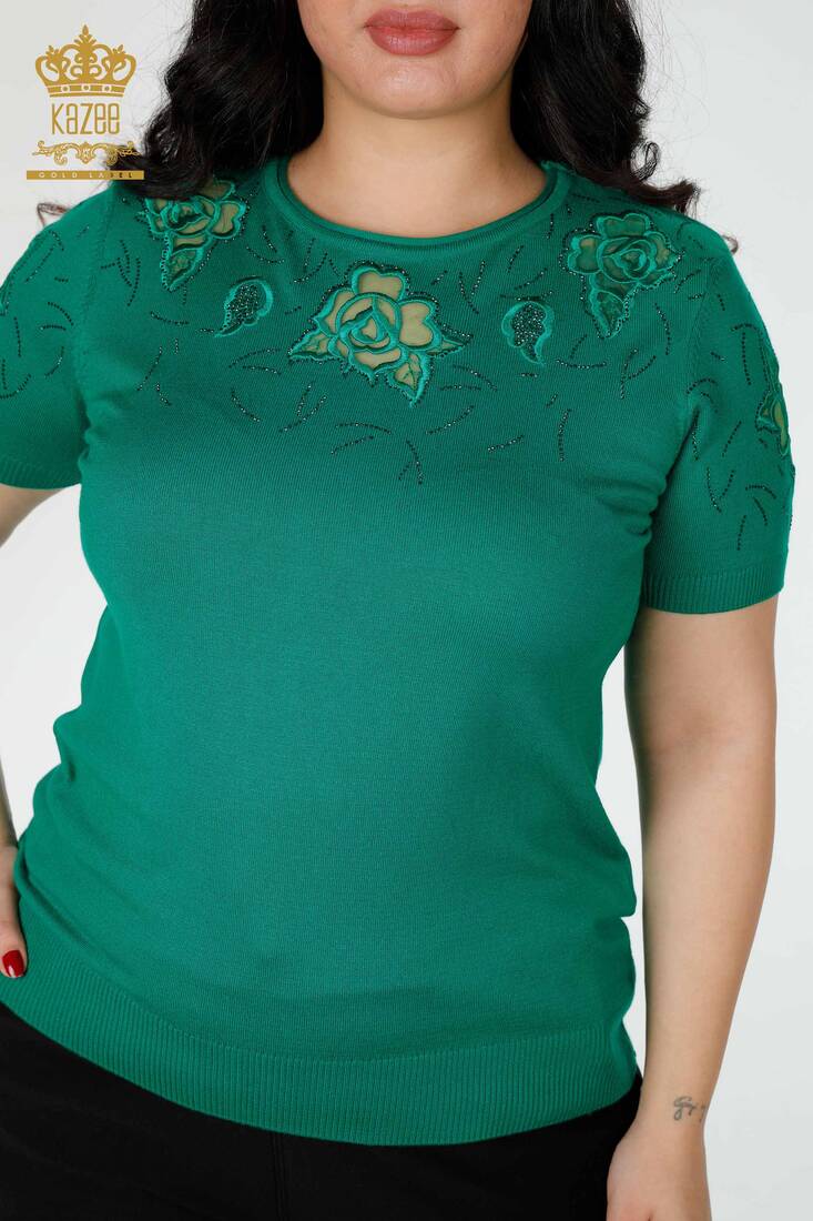 Women's Knitwear Sweater Stone Embroidered Green - 16845 | KAZEE