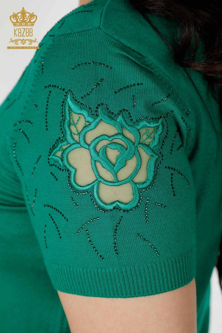 Women's Knitwear Sweater Stone Embroidered Green - 16845 | KAZEE