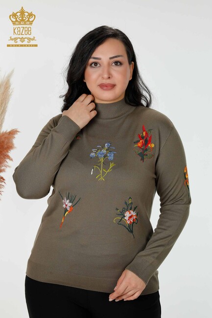 Women's Knitwear Sweater Stone Embroidered Khaki - 16852 | KAZEE - Thumbnail