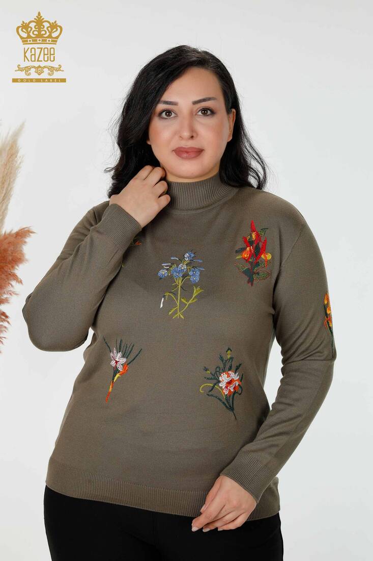 Women's Knitwear Sweater Stone Embroidered Khaki - 16852 | KAZEE