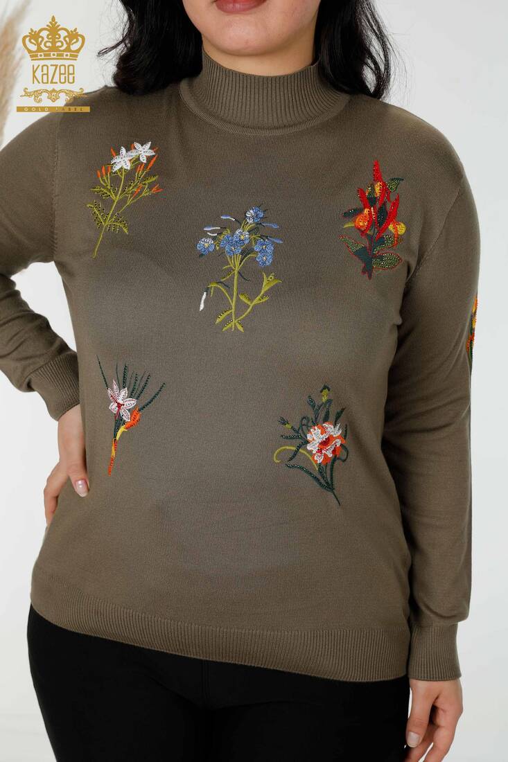 Women's Knitwear Sweater Stone Embroidered Khaki - 16852 | KAZEE