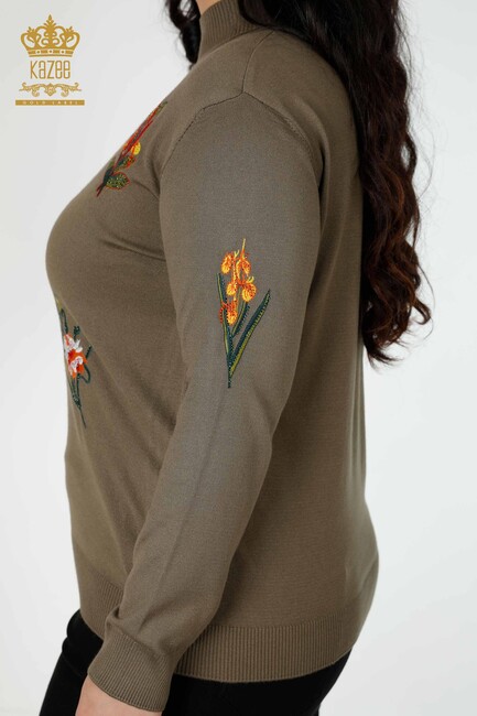 Women's Knitwear Sweater Stone Embroidered Khaki - 16852 | KAZEE - Thumbnail