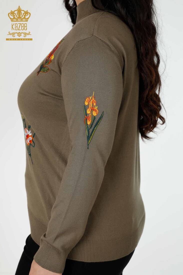 Women's Knitwear Sweater Stone Embroidered Khaki - 16852 | KAZEE