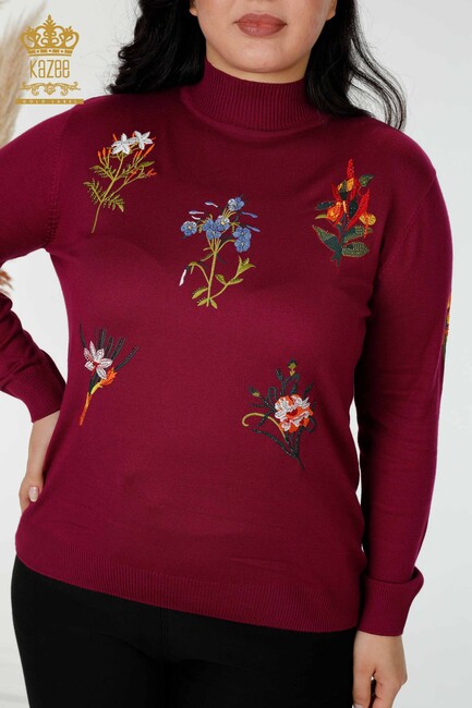 Women's Knitwear Sweater Stone Embroidered Purple - 16852 | KAZEE - Thumbnail