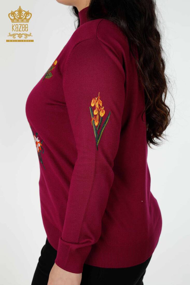 Women's Knitwear Sweater Stone Embroidered Purple - 16852 | KAZEE