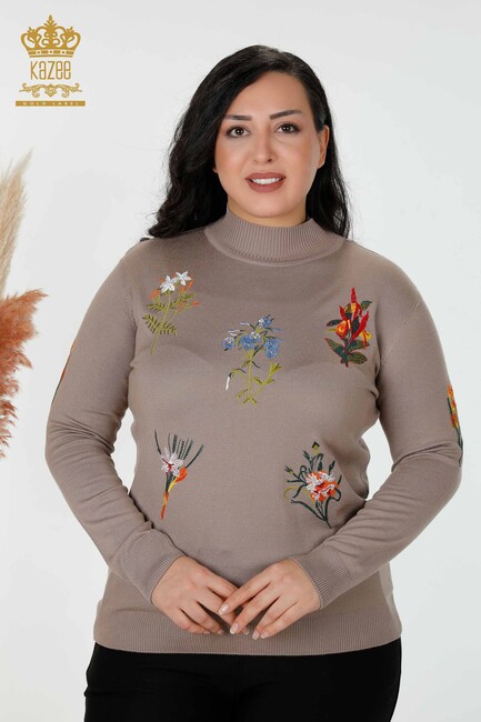 Women's Knitwear Sweater Stone Embroidered Mink - 16852 | KAZEE - Thumbnail