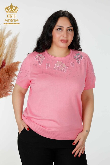 Women's Knitwear Sweater Stone Embroidered Pink - 16845 | KAZEE - Thumbnail