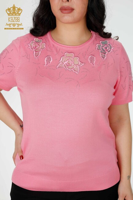 Women's Knitwear Sweater Stone Embroidered Pink - 16845 | KAZEE - Thumbnail