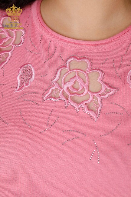 Women's Knitwear Sweater Stone Embroidered Pink - 16845 | KAZEE - Thumbnail